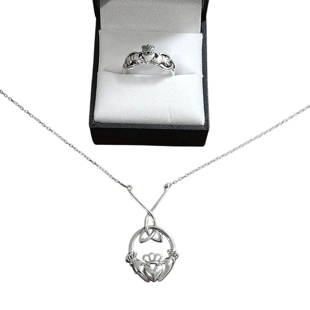 Vintage Claddagh Sterling Silver Necklace And Ring Set 925 Marked Celtics Irish